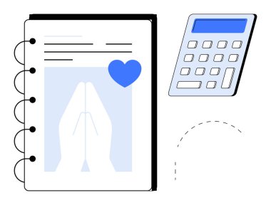 Dua eden ellerle çizilmiş defter ve hesap makinesiyle eşleştirilmiş kalp ikonu. Maneviyat, bütçe, finansal planlama, inanç temelli kararlar, farkındalık, organizasyon, kasıtlı