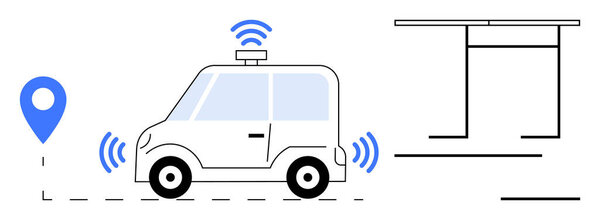 Самоуправляемая машина посылает и принимает сигналы, GPS маркер, парковочное место, и EV зарядки символ. Идеально подходит для технологий, мобильности, умного города, инноваций, автоматизации и транспорта