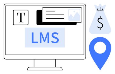 Metin düzenleme araçları, finansal semboller ve konum simgesi ile çevrili LMS metni ile izleyici. E- öğrenim platformları, eğitim teknolojisi, finans sistemleri, veri paylaşımı ve içerik için ideal