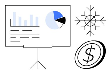 Ekranda çubuk grafik ve pasta grafiği, bozuk para, kar tanesi. Finans, veri analizi, mevsimsel eğilimler, iş stratejisi, pazarlama ekonomisi eğitimi için idealdir. Basit düz metafor