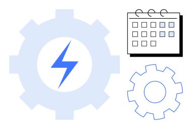 Yıldırımlı bir vites, minimalist takvim ve üretkenliği, iş akışı optimizasyonunu, enerjiyi, planlamayı, görev yönetimi verimliliğini temsil eden ana hatlarıyla belirlenmiş ekipman. Basit bir düz metafor.