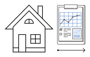 İlerleme çizelgesi, kontrol listesi ve veri özetini gösteren panonun yanındaki ev taslağı. Gayrimenkul, yatırım, ev satın alma, emlak pazarı, finans büyümesi, basit düz metafor planlaması için ideal
