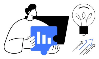 Soyut figür bar tablosu ile bir yapboz parçasını tutarken, ampul fikirleri ve oklar da büyümeyi simgeliyor. İş için ideal, analitik, yaratıcılık, problem çözme, başarı, yenilik