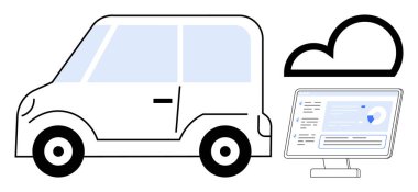 Bir bulut simgesine bağlı kompakt araba ve monitör ekranındaki detaylı analizler. Akıllı araçlar, veri analizleri, teknoloji, yenilik, hareket kabiliyeti ve otomasyon kavramları için idealdir. Basit bir daire.