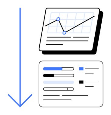 Veri noktaları ve ızgara çizelgesiyle aşağıya doğru büyük bir ok ile bağlanmış ilerleme göstergeleri. İş akışı, analitik, raporlama, ilerleme, strateji, izleme ve iletişim için ideal