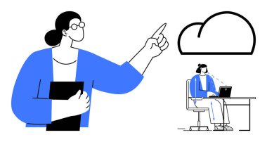 Bulut hesaplama konsepti. Bulut teknolojisi, iş birliği ve üretkenlik için dijital platformları kullanan profesyonellerle gösteriliyor. Bulut hesaplama, yenilikçi çalışma alanı çözümleri. İdeal