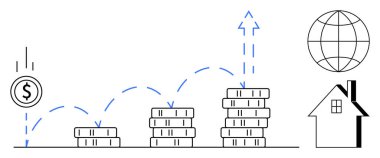 Para yığınları üzerinde sekerek yukarı doğru ok, küre ve evle gelişim gösteriyor. Finans, yatırım, gayrimenkul, zenginlik ekonomisi küresel piyasa tasarrufları için idealdir. Basit düz
