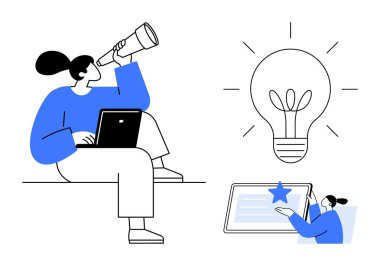 Dizüstü bilgisayar kullanırken teleskopla keşif yapan kişi, yeniliği sembolize eden büyük parlayan ampul ve tablet renklendirme derecesi. Yaratıcılık, keşif, beyin fırtınası ve teknoloji için ideal.