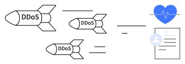 DDoS etiketli füzeler, siber tehditleri sembolize ederek sağlık ve kişisel verileri temsil eden ikonlara doğru gidiyor. Siber güvenlik, siber suç, veri koruması, sağlık güvenliği, hackleme için ideal