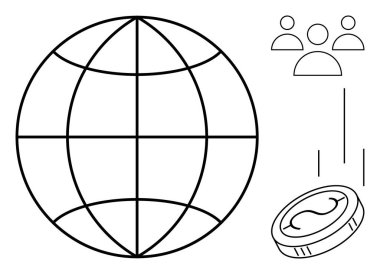 Dünya çapındaki bağlantıyı temsil eden dünya sembolü, takım çalışmasını simgeleyen üç kişi ve finansal büyüme için düşen bir para. Küresel ticaret, ekonomi, takım çalışması, ağ oluşturma ve finans için ideal
