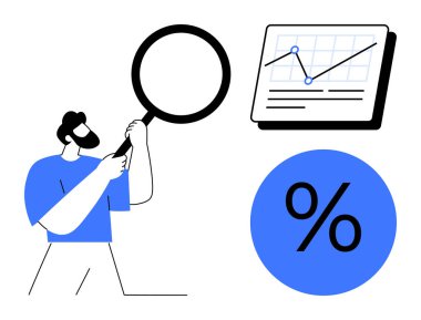 Elinde büyüteç tutan adam grafik grafiğini ve yüzde işaretini analiz ediyor. İş, veri analizi, finans, istatistik, araştırma, strateji ve eğitim için ideal. Minimalist düz metafor