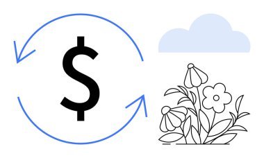 Yuvarlak dolar işareti, bulutun altında çiçek açmanın yanında sürdürülebilirliği sembolize eden oklarla çevrili. Çevre finansmanı, sürdürülebilirlik, yeşil büyüme, çevre ekonomisi ve CSR için ideal