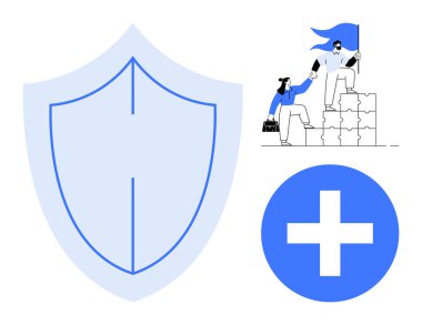 Korunmayı temsil eden kalkan, sağlık ve yardım taşıyan mavi haç ve takım çalışmasıyla hedeflerine ulaşan bireyler. Güvenlik, destek, işbirliği, sağlık, güvenlik ve takım çalışması için ideal