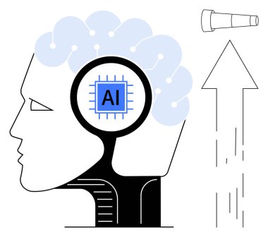 İnsan beyni siluetine entegre yapay zeka çipi, büyümeyi veya ilerlemeyi gösteren ok, görme keşfi için teleskop. Teknoloji, yenilik, yapay zeka, büyüme, gelecekteki STEM eğitimi için ideal. Basit.