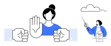 Kadın iki katılımcı arasındaki gerginliği durdurmak için elini kaldırıyor, eğitmen belge anlaşmasını tartışıyor. Çatışma çözümü, takım çalışması, müzakere, liderlik, iletişim, empati için ideal