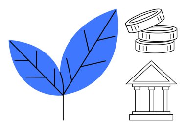 Mavi yaprak, istiflenmiş madeni paralar ve banka inşası çevre dostu ekonomi, sürdürülebilir kalkınma ve çevresel sorumluluk temalarını vurguluyor. Çevre, finans ve şirket için ideal