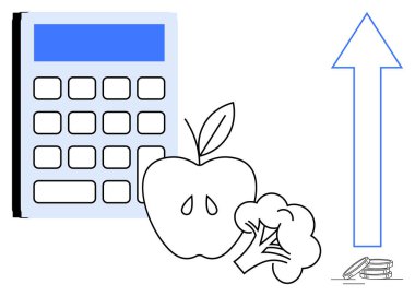 Elma, brokoli, bozuk para ve yukarı doğru ok, finansal büyüme, bütçe ve sağlıklı yaşam tarzını sembolize ediyor. Basitçe finans, refah, sürdürülebilirlik ve eğitim kullanımı için ideal