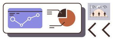 Çizgi grafiği, pasta grafiği ve nüfus dağılımı içeren analitik gösterge paneli. Analiz, istatistik, raporlama, iş, sunumlar için ideal eğitim eğilimleri. Basit düz metafor