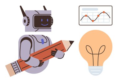 Kalemli robot, yapay zekanın icadını sembolize eder. Grafik verileri vurgular, ampul yaratıcılığı önerir. Teknoloji, analitik, tasarım, yapay zeka, eğitim, beyin fırtınası verimliliği için ideal
