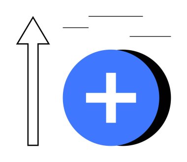 Büyüme konsepti. Artı sembollü mavi bir daire ve yukarı doğru ok, büyüme ve ilerlemeyi simgeliyor. İş stratejisi, büyüme girişimleri, verimlilik, yenilik ve analitik için harika