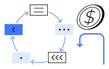 Kutular, oklar ve birbirine bağlı iş akışını, karar verme mekanizmasını, finansal kazancı ve gelişmeyi vurgulayan bir madeni para dizisi. İş için ideal, iş akışı, liderlik