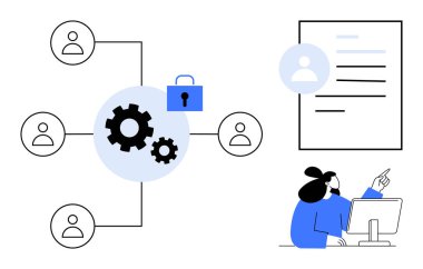 Güvenli ağ işlemleri için bağlı kullanıcı simgeleri, dişliler ve asma kilit. Belgeyi bilgisayara bağlayan kullanıcı. Takım çalışması, güvenlik, ağ oluşturma, üretkenlik, iş akışı bilişim sistemleri için ideal