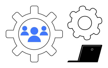 Dişliler mavi kullanıcı simgeleriyle takım çalışmasını sembolize ediyor, dizüstü bilgisayara bitişik. Teknoloji, verimlilik, işbirliği, yenilik, iş akışı, yönetim işleri için ideal. Basit düz metafor