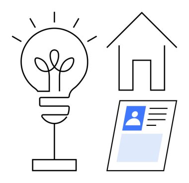 Sürdürülebilir yaşam konsepti. Ampul, ev ve kimlik kartıyla sürdürülebilir tasarım. Enerji verimliliğini ve çevre dostu konutları destekleyen sürdürülebilir çözümler. Enerji, konut, kimlik