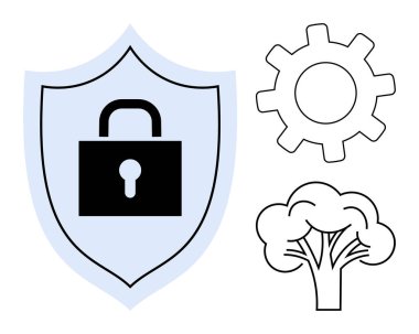 Kilitli kalkanlar güvenliği simgeliyor. Yenilik için bir dişli ve sürdürülebilirlik için bir ağaç ile çevrili. Veri koruması, çevre güvenliği, teknoloji, büyüme, takım çalışması, ekoloji için ideal. Basit.