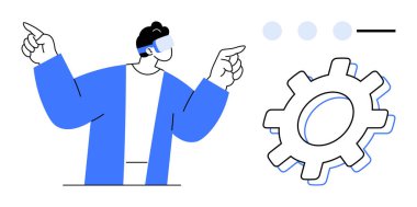 ARVR kulaklığı kullanan kişi, teknoloji elementleriyle arayüzü göstererek dişli ve noktalı yerleri işaretliyor. Yenilik için ideal, dijital etkileşim, teknoloji gelişimi, endüstri ilerlemesi, sanal