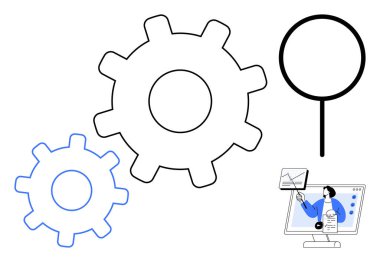 Veri analiz konsepti. Vites ve büyütme işlemleri geliştirme ve keşfetme simgeleri. Bir bilimadamı tarafından bilgisayar üzerinde yapılan veri analizi bilgiyi ve verimliliği arttırır. Bilim ve teknoloji için ideal.