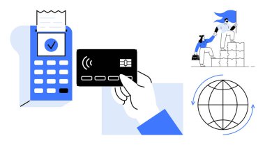 Ödeme terminaline yakın bir yerde el ele tutuşma kartı, istiflenmiş bloklar üzerinde işbirliği yapan iki kişi, oklu bir dünya. Finans, takım çalışması, küresel ticaret, teknoloji, yenilik, strateji için ideal