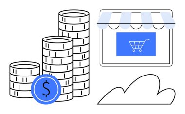 Yığınla bozuk para, mavi para işareti, alışveriş arabasıyla arayüz, bulut silueti. E-ticaret, çevrimiçi alışveriş, finans, yatırım kârı dijital ekonomi perakende için idealdir. Basit düz