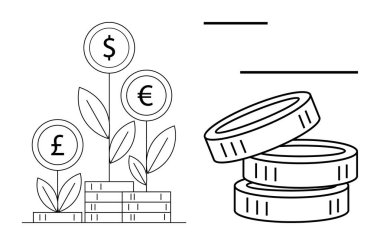 Madeni para yığınlarından büyüyen bitkilerdeki döviz işaretleri finansal büyümeyi sembolize ediyor. Yakınlarda para yığını var. Finans, yatırım, tasarruf, bankacılık, ekonomik büyüme, zenginlik, basit düz metafor