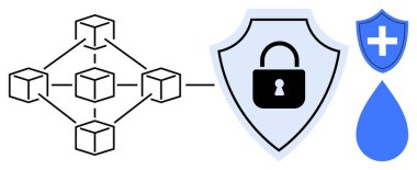 Kalkanlara bağlanan blok zinciri yapısı, güvenlik ve veri korumasını işaret ediyor. Sağlık sigortası haçı ve su damlası olan bitişik kalkan. Siber güvenlik, veri gizliliği, sağlık hizmetleri için ideal