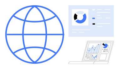 Analitik çizelgeler, grafikler ve bir dizüstü bilgisayar arayüzü ile birlikte dünya tasarımı. Veri analizi, küresel erişim, teknoloji, iş görüşleri, çevrimiçi çözümler modern tasarım araştırmaları için idealdir. Basit.