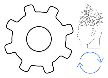 Dişlileri sembolize etme süreci, çiçek açan bitkilerle kafa kişisel gelişimi ve yaratıcılığı yansıtıyor, taze ok. Kendini geliştirme, yenilik, öğrenme, zihinsel sağlık, sürdürülebilirlik için ideal