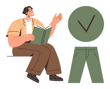 Elinde kitapla oturan, el kol işareti, işaretli daire, yeşil pantolon çizimi. Eğitim, karar verme, onaylama, kişisel büyüme, moda kararları organizasyonu için ideal minimalizm