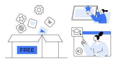 Bedava dijital simgelerle dolu bir kutuyu aç, tabletle etkileşime geçen bir kişi, ve çevrimiçi bir kursta bir diğeri. Çevrimiçi eğitim, e-öğrenme platformları, dijital araçlar, serbest çalışma ve teknoloji için ideal