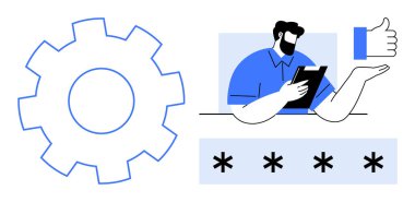 Vites gösterme ayarları, tablet üzerindeki kullanıcı incelemesi, onay için onay ve yıldız işareti içeren parola girdisi. Güvenlik, teknoloji, kimlik doğrulama, onay süreci ve ayarlar için ideal