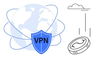 Mavi çizgiler ve VPN etiketli kalkan ile çevrili olan dünya, güvenli bağlantıları sembolize ediyor. İçinde para ve bulut var. Dijital güvenliği simgeliyor. İşlemler, bulut deposu. Siber güvenlik için ideal