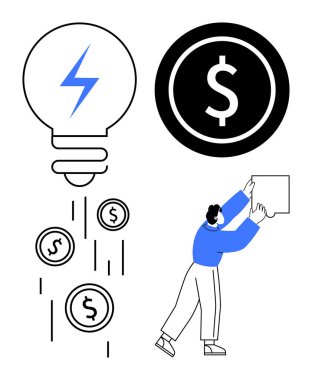 Yenilik kavramı. Bir ampul ikonu ve dolar sembolleriyle finansal büyüme yaratan bir icat. Yenilik ekonomik ilerleme ve dinamik iş stratejilerine ilham verir. Teknoloji için, girişimler