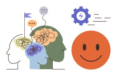 Gülümseyen bir yüz ve teçhizatla berraklığa doğru ilerleyen üç karmaşık zihin çözünürlüğü sembolize ediyor. Ruh sağlığı, problem çözme, takım çalışması, iletişim, büyüme, motivasyon, basit