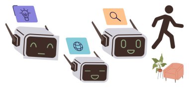 Robotlar fikir, arama ve bağlantı için ikonlar sergiliyorlar ve onlara yürüyen bir figür, bitki ve sandalye eşlik ediyor. Teknoloji, yapay zeka, takım çalışması yenilik akıllı aygıtlar bağlantısı için idealdir.