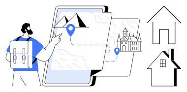 Sırt çantasıyla gezen gezgin, rotayı, dağları ve binaları gösteren dijital haritayı araştırıyor. Seyahat, turizm, seyrüsefer, seyahat planlama, keşif, açık hava macerası için idealdir.