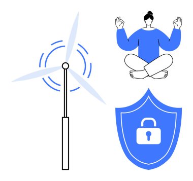 Rüzgar türbini yenilenebilir enerjiyi sembolize eder, insan farkındalığı teşvik eder, ve kilit siber güvenliği temsil eder. Sürdürülebilirlik, kişisel bakım, eko-bilinç ve güvenlik için ideal