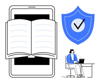 E-öğrenme konsepti. Dijital cihazlar, çevrimiçi öğrenme sembolleri ve siber güvenlik güvenli teknolojiye odaklanır. E-öğrenme sanal eğitimi ve teknoloji entegrasyonunu destekler. Eğitim için.