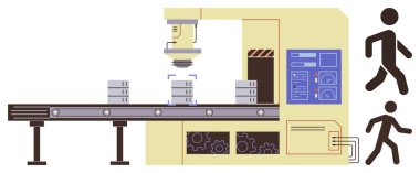 Robot kol ve taşıyıcı bant sistemi kutuları fabrika ortamında ayırıyor. Otomasyon, endüstri, robot bilimi, verimlilik, üretim, teknoloji, yenilik için ideal, basit düz metafor