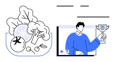 Bir kasede taze sebzeler ve ekranda sergilenen sanal bir kupa tutan bir adam. Temalar için ideal sağlık, beslenme, sağlık, uzak çalışma, eğitim, çevrimiçi başarı, denge