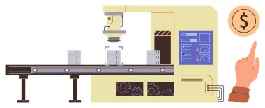 Robotik silah denetimi, torpido gözü ve maliyet tasarrufu konsepti altında paketlenmiş malların nakliyecisi. Otomasyon için ideal, verimlilik, teknoloji, iş akışı, makineler, üretkenlik basit düz
